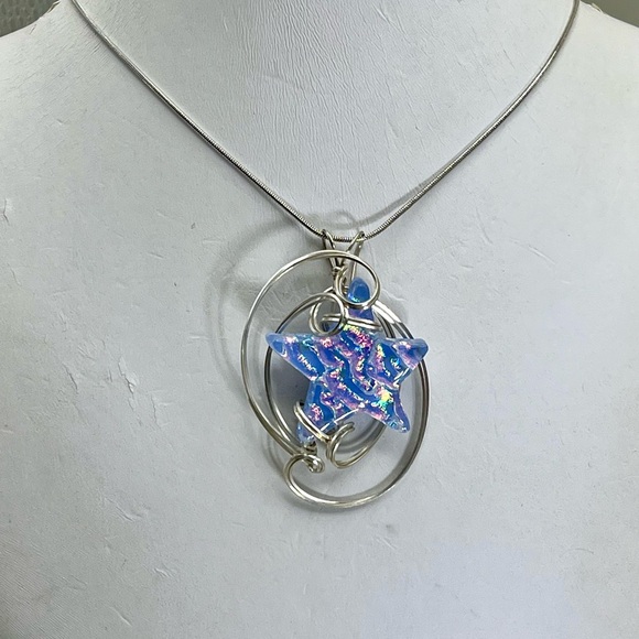 Blue and Multicolored Dichroic Glass Pendant Necklace - Picture 2 of 3